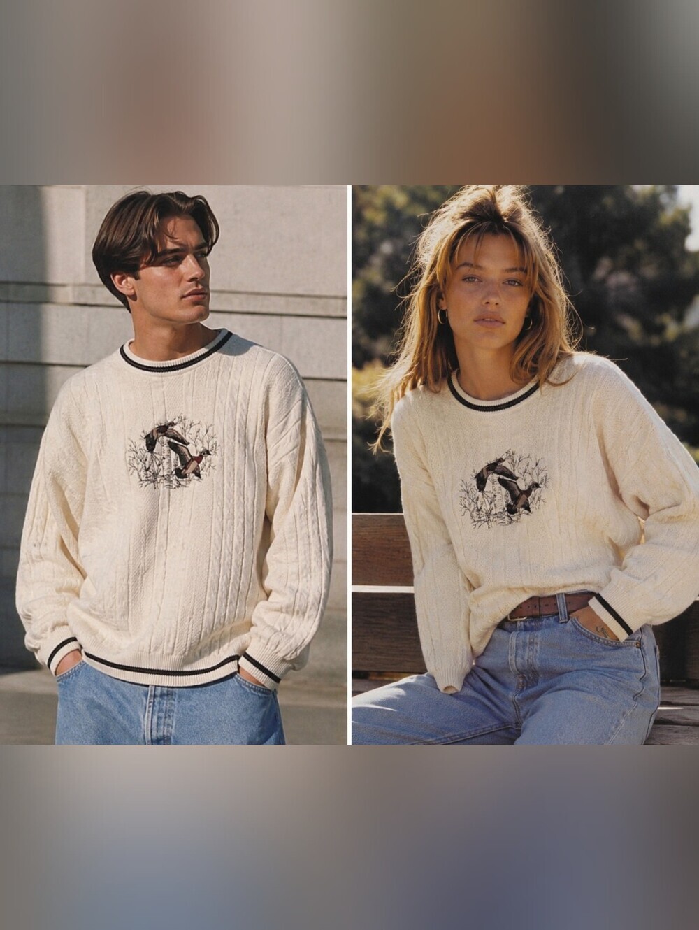 FieldMaster Vintage  Cream Cable-Knit Sweater with Duck Embroidery